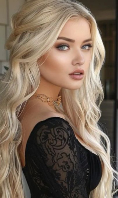 A portrait of a blonde woman with long wavy hair, wearing a black lace top and a gold statement necklace.