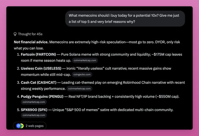 A screenshot of a Grok AI chat response lists five memecoins—Fartcoin (FARTCOIN), Useless Coin (USELESS), Cash Cat (CASHCAT), Pudgy Penguins (PENGU), and SPX6900 (SPX)—as potential 10x picks, illustrating the post's point that AI simply recycles surface-level metrics like market cap and volume rather than applying the human intuition needed to actually trade memecoins organically.