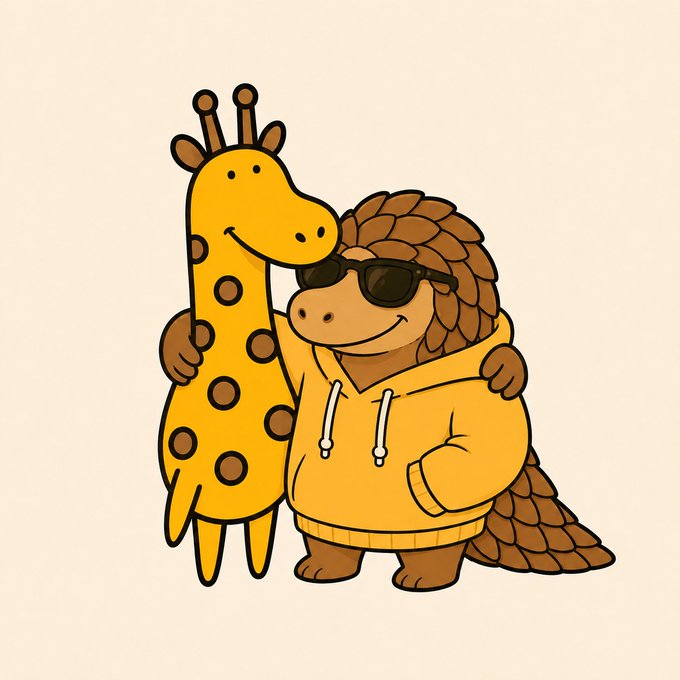 A cartoon giraffe with brown spots and a smiling pangolin wearing sunglasses and a yellow hoodie share a friendly embrace, visually representing the inseparable bond of being "my giraffe" and having "my giraffe" be me.