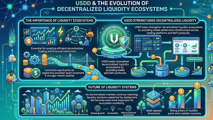 The image depicts a diagram that explains the evolution of USDD (Unified Security Digital Dollar) and centralized liquid ecosystems, which are crucial for enabling efficient decentralized trading and financial interaction. The diagram features various elements such as graphs, charts, dollar signs, and coins. One of these elements includes a coin called USDC, which is depicted in different colors to represent its functions within the systems.

The post highlights the importance of stablecoins like USDC in supporting these ecosystems by facilitating smooth asset movement and stronger market dynamics. The visuals on the image clearly convey this message about the evolution and functionality of the USDD and centralized liquid ecosystems.
