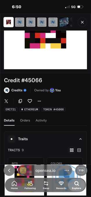 A mobile screenshot of an OpenSea NFT listing showing 'Credit #45066' on ERC721/ETHEREUM, owned by the user, featuring a colorful pixelated art piece.
