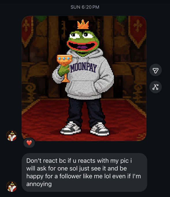 The image shows a message timestamped "SUN 6:20 PM" featuring a Pepe the Frog character wearing a crown, "MOONPAY" hoodie, holding a goblet in a castle setting, with a caption requesting viewers not to react or ask for a follow in exchange for the picture.

The post playfully sets up "a short story in 4 parts" with the character's meme-tastic declaration that they'll block anyone who asks for a follow-back, framing it as an absurd social media demand.