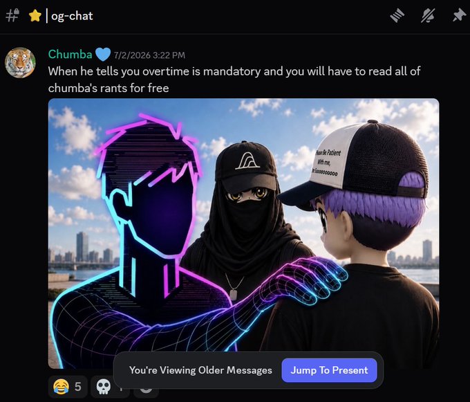 A Discord message in #og-chat from 'Chumba' on 7/2/2026 saying 'When he tells you overtime is mandatory and you will have to read all of chumba's rants for free' over a stylized image of figures with a baseball cap labeled 'how to patent give me.'