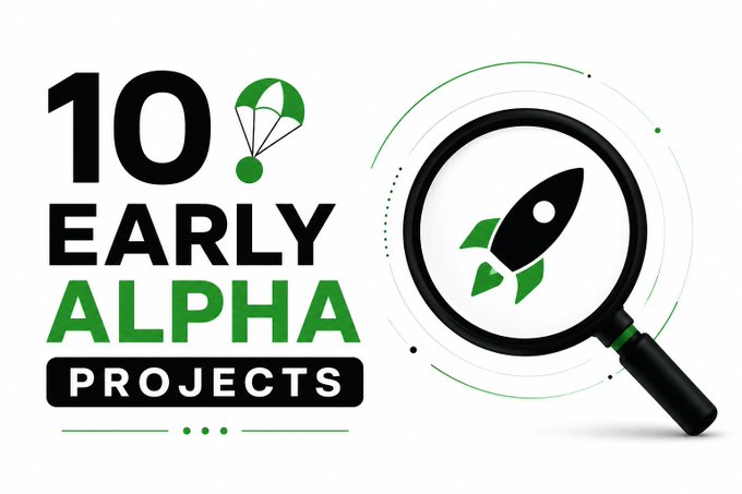 A graphic featuring the bold text "10 EARLY ALPHA PROJECTS" alongside a magnifying glass highlighting a rocket icon, visually introducing a curated list of early-stage crypto projects.