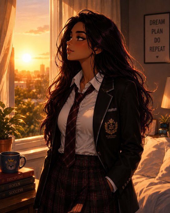 A young woman in a school uniform with a blazer crest and plaid skirt stands by a window at sunset, with a framed "DREAM PLAN DO REPEAT" poster behind her and books labeled "DISCIPLINE," "FOCUS," and "SUCCESS" stacked beside a coffee mug. The motivational, goal-oriented atmosphere of the image complements the post's theme of gratitude and a fresh start to the week.