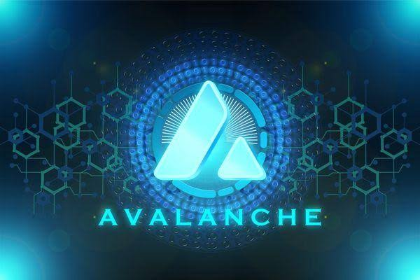 A futuristic blue digital graphic featuring the Avalanche cryptocurrency logo with hexagonal molecular structures in the background.