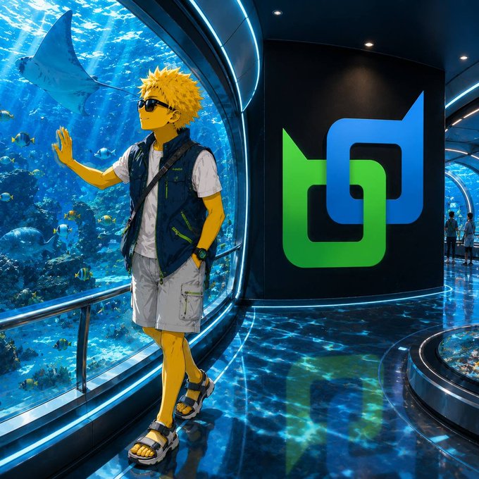An anime-style character with yellow skin and spiky blonde hair, wearing a vest and sunglasses, leans against a large aquarium window as a manta ray swims by, with a green and blue logo nearby.