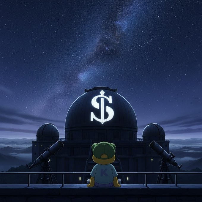 An illustration of a cartoon character wearing a green cap with a 'K' on the shirt, sitting at an observatory looking up at a starry Milky Way sky, with a dollar sign glowing on the main dome.