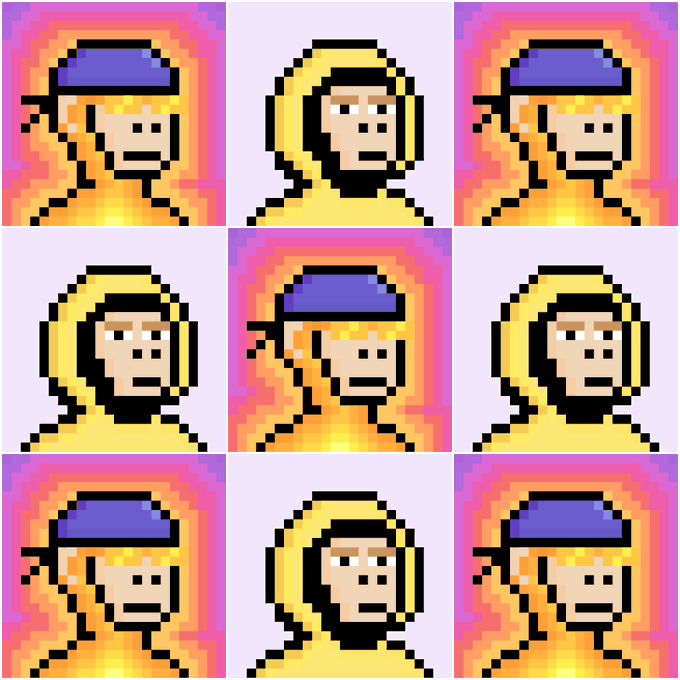 A 3x3 grid of pixel art portraits alternating between two characters: one wearing a purple cap with an orange/yellow background, and another wearing yellow headphones with a light purple background.