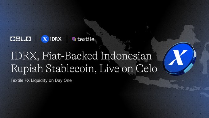Promotional graphic announcing 'IDRX, Fiat-Backed Indonesian Rupiah Stablecoin, Live on Celo' with logos for CELO, IDRX, and Textile, and noting 'Textile FX Liquidity on Day One'.