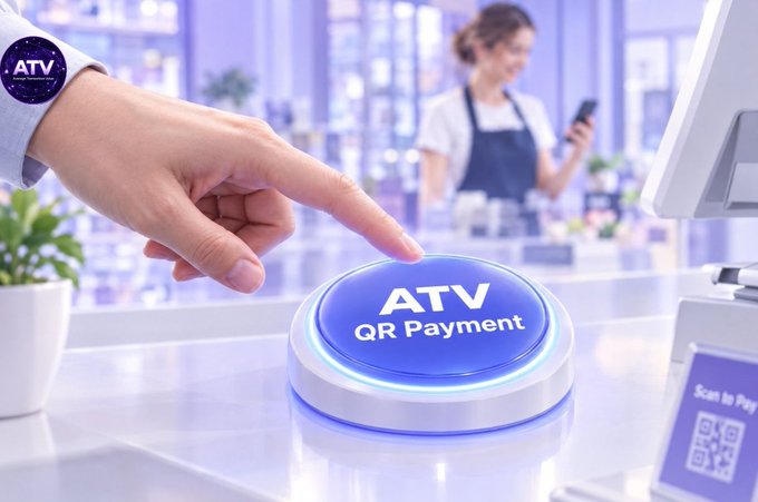 A hand presses a glowing blue "ATV QR Payment" button on a retail checkout counter, illustrating the new BETA payment feature that links $ITL cryptocurrency to everyday in-store purchases. In the background, a store clerk uses a smartphone, highlighting the seamless real-world integration of the digital payment system.