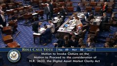 A C-SPAN Roll Call Vote screen from March 30, 2023, showing a motion to invoke cloture on the motion to proceed to the H.R. 3633 Digital Asset Market Clarity Act.