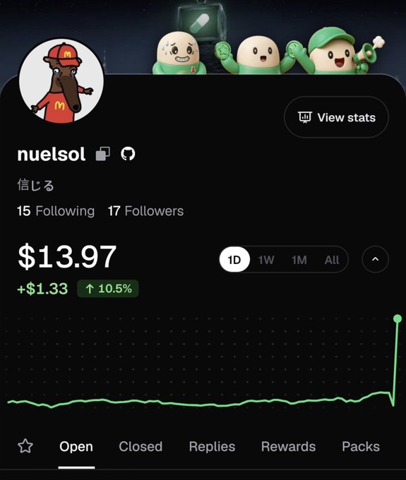 Screenshot of a Pump.fun profile for “nuelsol” showing earnings of $13.97, up $1.33 or 10.5%, with a sharp green spike on the 1D chart. The post says they officially joined Pump.fun and hope the initial $10 reaches $1 million before the year ends.