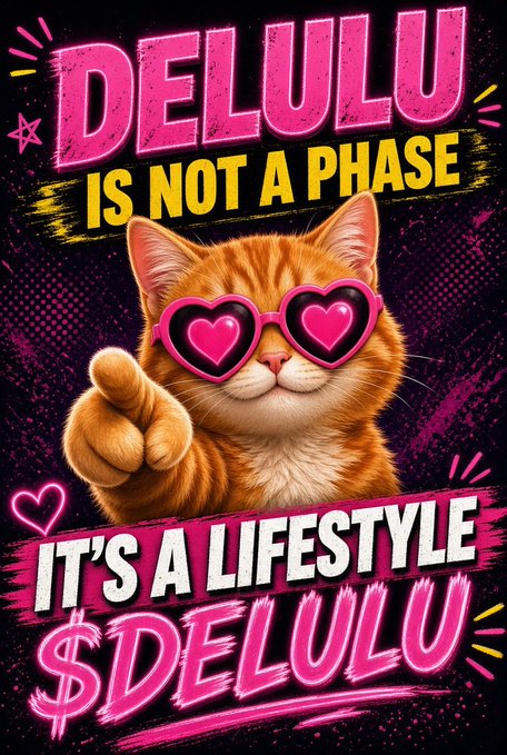 An adorable orange tabby cat wearing pink heart-shaped sunglasses points at the viewer against a neon pink and black grunge background, surrounded by the text "DELULU IS NOT A PHASE" and "$DELULU IT'S A LIFESTYLE." The image playfully embodies the post's message about embracing the "delulu" mindset as a fun, unapologetic crypto lifestyle on pump.fun.