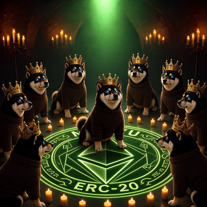 A whimsical digital illustration showing a group of Shiba Inu dogs wearing crowns and sweaters arranged around a glowing green Ethereum-themed summoning circle with the text 'ERC-20'.