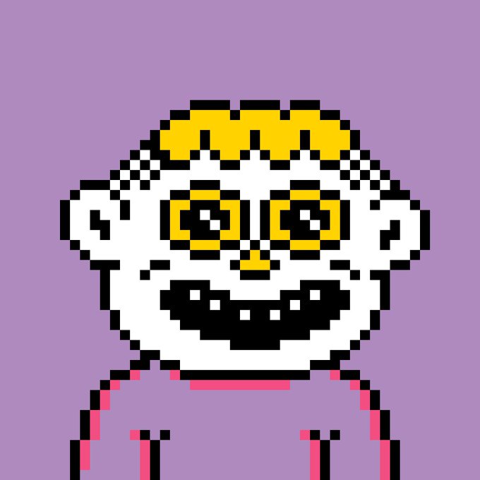 A pixel art illustration of a white character with a wide, toothy grin, yellow eyes, and a small yellow hat, set against a solid purple background.