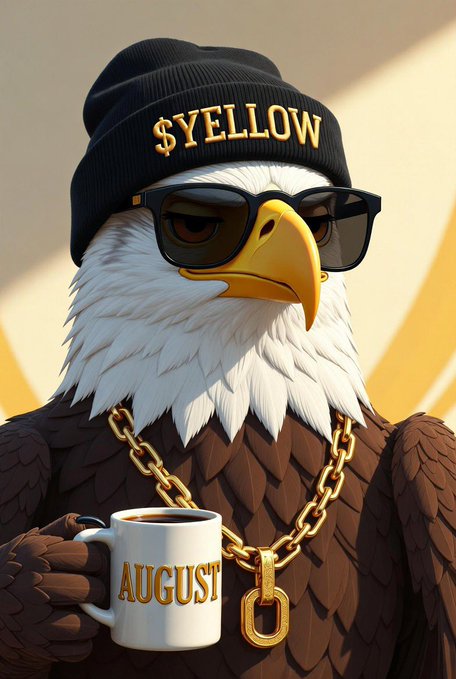 An anthropomorphic bald eagle wearing a black beanie with '$YELLOW', sunglasses, gold chains, and holding a white mug reading 'AUGUST'.