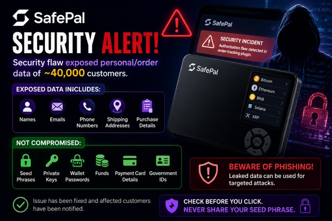 A SafePal security alert graphic warning of a security flaw that exposed personal data of approximately 40,000 customers, including names, emails, phone numbers, shipping addresses, and purchase details, while seed phrases, private keys, and funds were not compromised.