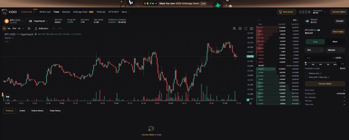 A screenshot of the VOOI trading interface showing the BTC/USDC chart on Hyperliquid with a price around $82,000, accompanied by an order book and trade history panel. The image illustrates the VOOI ultra trading desk featured in the post, which is praised as a better alternative to Hyperliquid, offering multi-DEX aggregation, cross-venue perp trading, and CEX-DEX funding arbitrage capabilities.