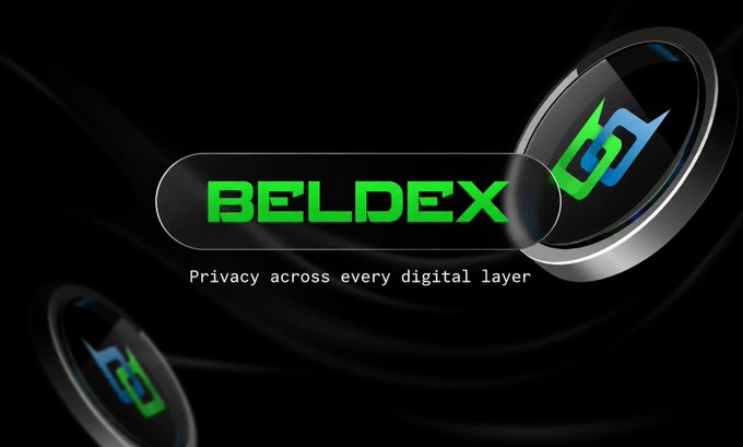 A sleek logo for 'BELDEX' features green text with the tagline 'Privacy across every digital layer' set against a dark background with a 3D metallic coin graphic.