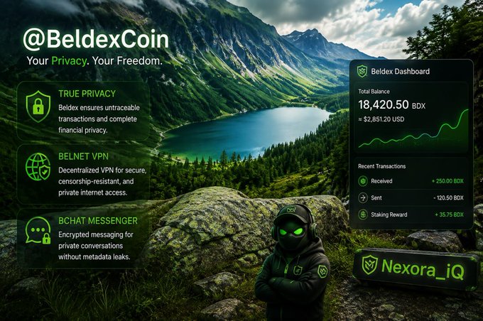 An advertisement for '@BeldexCoin' promoting 'Your Privacy. Your Freedom.' with features including True Privacy, BelNet VPN, and BChat Messenger, alongside a Beldex Dashboard showing a balance of 18,420.50 BDX ($2,851.20 USD) and a masked character with 'Nexora_iQ' label.