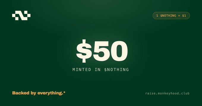 The image displays a dark green promotional graphic for $NOTHING, featuring large text reading "$50 MINTED IN $NOTHING" with "Backed by everything.*" and the exchange rate "1 $NOTHING = $1" in the corner, along with a pixelated "N" logo and the URL raise.monkeyhood.club. This visually represents the user's minting of $50 worth of $NOTHING tokens through the MonkeyHoodNFT platform, embodying the playful "do nothing" concept of the meme cryptocurrency.
