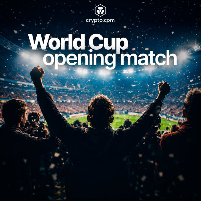 The image features a group of people at a World Cup opening match, with some of them raising their arms up in celebration or excitement. The crowd appears to be enjoying the event as they cheer for their favorite teams. In the background, there is a large stadium filled with spectators, and the text "World Cup Opening Match" can be seen above the crowd. 

The image also includes a watermark that reads "@cryptocom". This suggests that the post might have been created by Cryptomedia or another website related to cryptocurrencies. The post seems to focus on the World Cup opening match itself, with people celebrating and enjoying the event together.