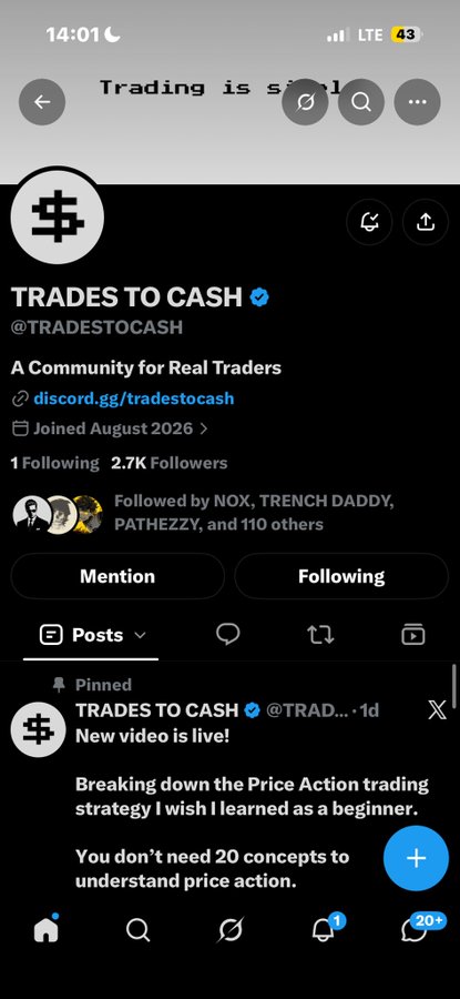 A Twitter/X profile screenshot for 'TRADES TO CASH' (@trades_to_cash), a community for real traders with 2.7K followers linking to a Discord, showing a pinned post about a Price Action trading strategy video.
