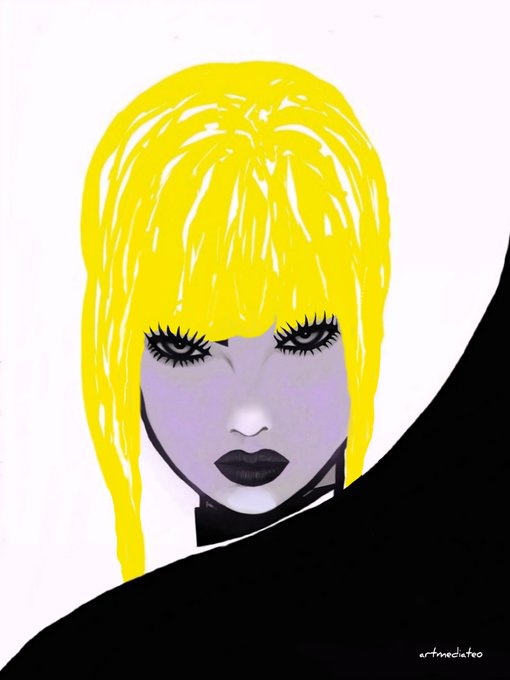 A stylized pop-art illustration of a woman with bright yellow hair, purple skin, and heavy eye makeup, with the watermark 'artmediafeo' in the corner.