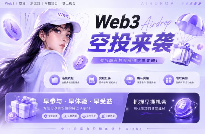 A purple-themed Web3 Airdrop promotional banner featuring an anime-style girl in a Web3 cap, with Chinese text advertising early participation rewards.