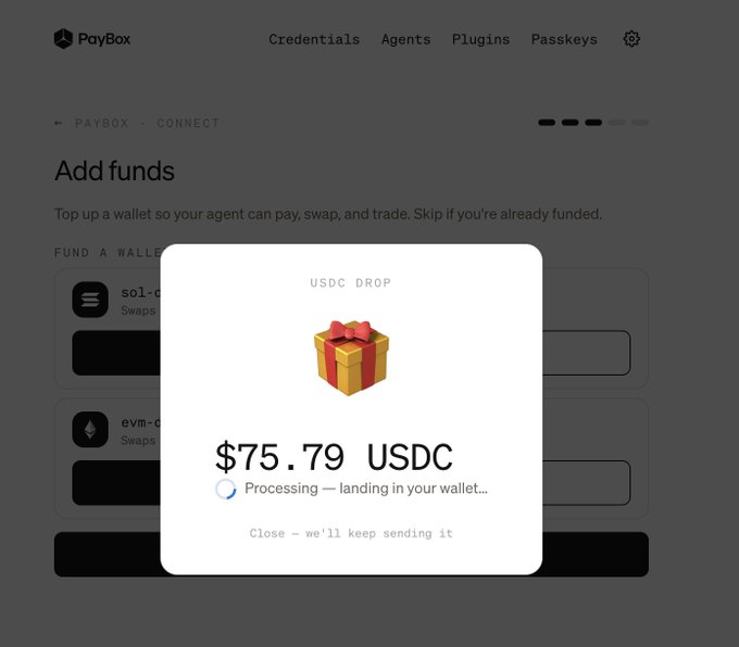A PayBox interface shows an "Add funds" modal displaying a "$75.79 USDC" USDC DROP in progress, with a processing message indicating the funds are landing in the user's wallet. The image supports the post by documenting the $75.79 USDC reward received from MoonPay.