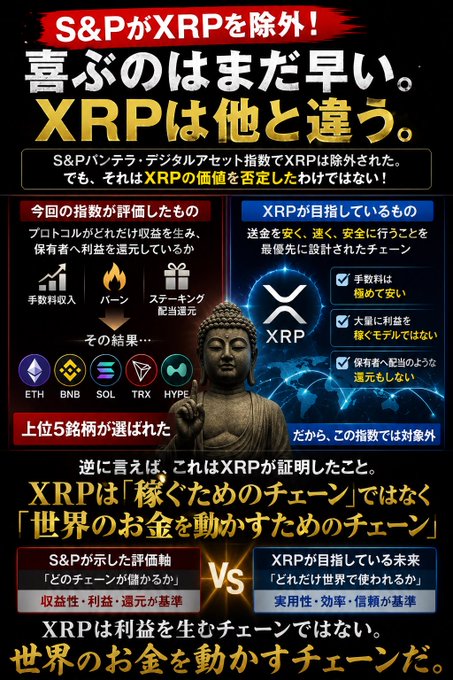 A Japanese promotional graphic arguing that XRP was excluded from the S&P Digital Assets Index because XRP is a 'chain for moving the world's money' rather than a profit-generating chain, featuring ETH, BNB, SOL, TRX, and HYPE logos.