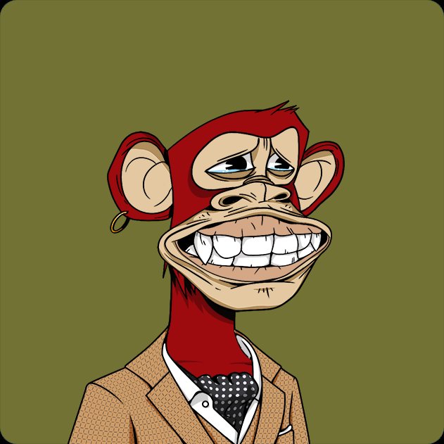 A digital illustration depicts a stylized red monkey with an exaggerated, toothy grin, wearing a tan suit jacket, polka-dot tie, and a gold hoop earring.