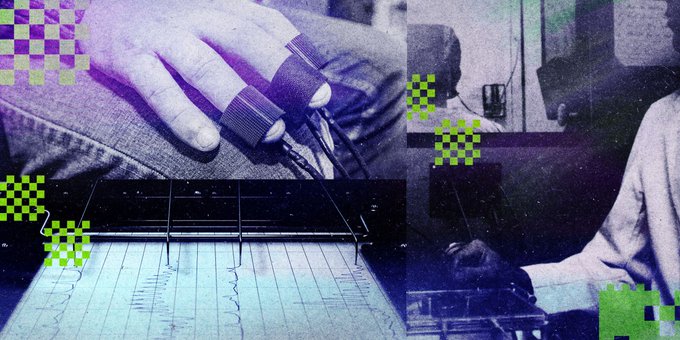 A collage showing hands holding electrode sensors attached to fingers, alongside footage of what appears to be a polygraph lie detector machine and an examiner.