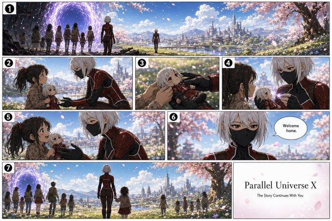 This anime-style comic titled "Parallel Universe X: The Story Continues With You" depicts a masked character welcoming a young girl and her doll into a vibrant cityscape with cherry blossoms, set against a swirling portal of observers. The artwork visually promotes the "PU-X ART CONTEST" mentioned in the post, showcasing the parallel universe aesthetic as inspiration for aspiring entrants.