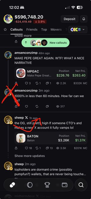 A mobile trading interface displaying a $596,748.20 balance with a -3.9% change, showing posts from users like 'amsenconzimp' and 'sheep' discussing tickers 'MPGAC' and 'BATON', with one post marked by a large red 'X'.