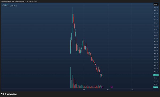 A TradingView candlestick chart for $SPCX shows a steep downtrend on the daily timeframe, with the price collapsing from around $220 in July to roughly $113.66 by late August 2026, visually illustrating the "rugged" sentiment in the accompanying post about losses and hoping for an Elon Musk–driven recovery.