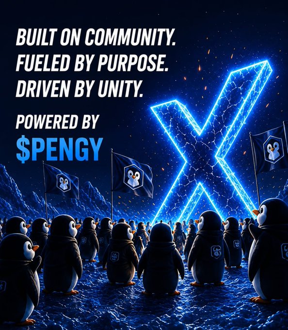 A digital artwork featuring an army of penguins facing a glowing blue X-shaped portal, with text reading 'BUILT ON COMMUNITY. FUELED BY PURPOSE. DRIVEN BY UNITY. POWERED BY $PENGY'.