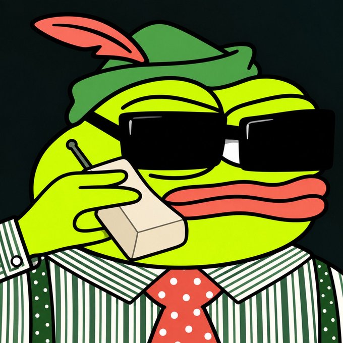 A cartoon illustration of Pepe the Frog dressed in a green hat with a red feather, black sunglasses, and a green striped shirt with a red polka-dot tie, holding a retro brick-style cell phone to his ear.