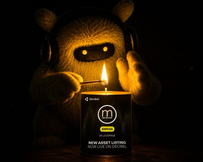 A furry creature wearing headphones and a glowing-eyed mask strikes a match next to a candle advertising Decibel's new $MRNA asset listing with 3x leverage.