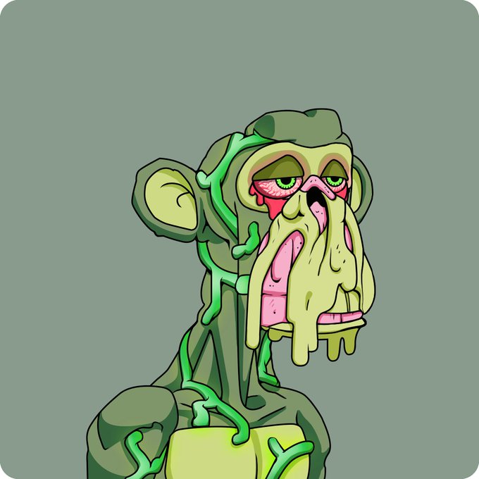 A stylized cartoon illustration of a green, zombie-like monkey character with pink melting features, vines wrapped around its body, and drool dripping from its mouth.