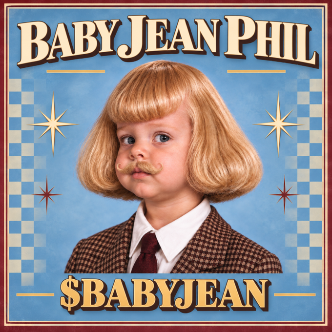 A meme-style poster titled "BABY JEAN PHIL" shows a young child with a blonde bob haircut and drawn-on mustache, wearing a checkered blazer and red tie, with "$BABYJEAN" token text at the bottom.