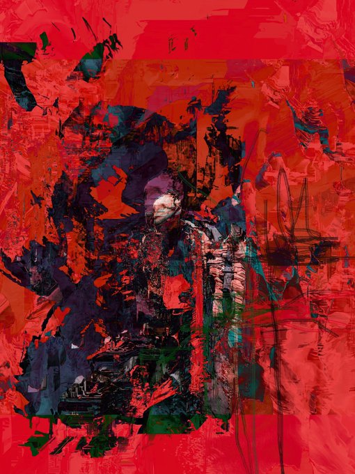 An abstract expressionist painting dominated by vibrant red, dark blue, and black colors with chaotic brushstrokes and dripping paint effects.