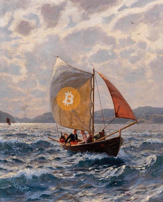 A classical-style oil painting depicting a sailboat on choppy seas with figures aboard, featuring a sail emblazoned with the Bitcoin ₿ logo, signed 'Hans Dahl' in the lower left corner.