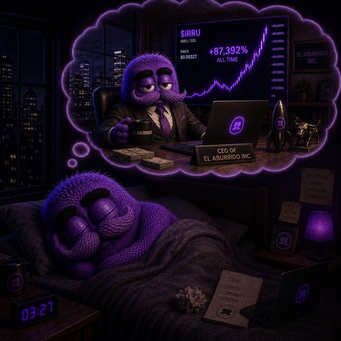 A digital illustration shows a purple fuzzy character in bed at night (clock reads 03:27), dreaming a thought bubble of itself as a wealthy CEO at a desk with a laptop, a rocket, and a stock chart displaying 'IRRU' / 'IRRU/SOL' with a massive gain of '+87,392% ALL TIME'.