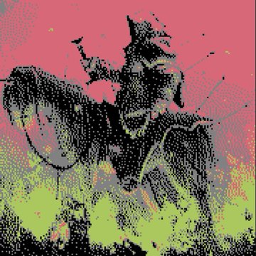 A pixelated, dithered illustration of a dark cowboy figure on horseback with a pistol, set against a bright pink and green halftone background.
