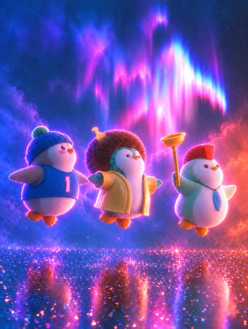 Three cute, cartoon-style penguin characters wearing winter accessories (a blue beanie, a yellow jacket with an afro hat, and a blue tie with a red hat holding a plunger) float against a vibrant, colorful aurora-like background with sparkling reflective water below.