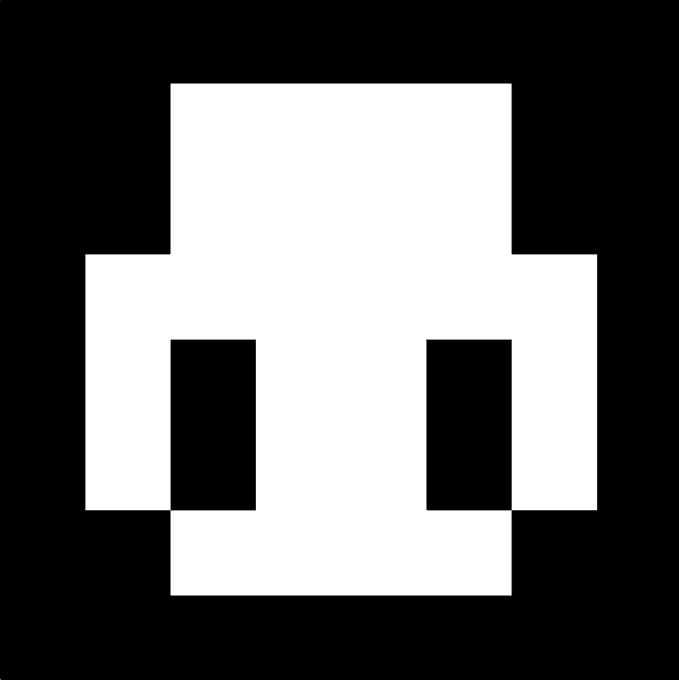 A minimalist graphic shows a white pixelated skull-like shape with two black rectangular eyes on a solid black background.