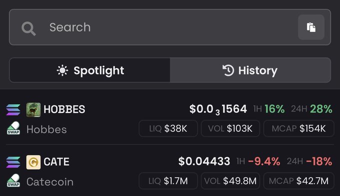 The image shows a crypto trading dashboard displaying two trending tokens: HOBBES (Hobbes) up 16% in 1H and 28% in 24H with $38K liquidity, and CATE (Catecoin) down 9.4% in 1H and 18% in 24H with $1.7M liquidity. This appears to illustrate which tokens $KITTY holders are actively swapping between, highlighting the contrasting momentum between the two memecoins.