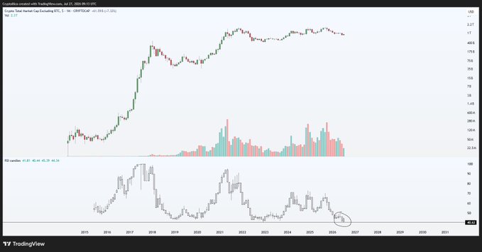 The image shows a TradingView chart of the Crypto Total Market Cap Excluding BTC (CRYPTOCAP:TOTAL2) on a monthly timeframe, with the RSI indicator at the bottom showing it has dropped to an all-time low level around 36, historically signaling potential reversal points in altcoin market cycles.